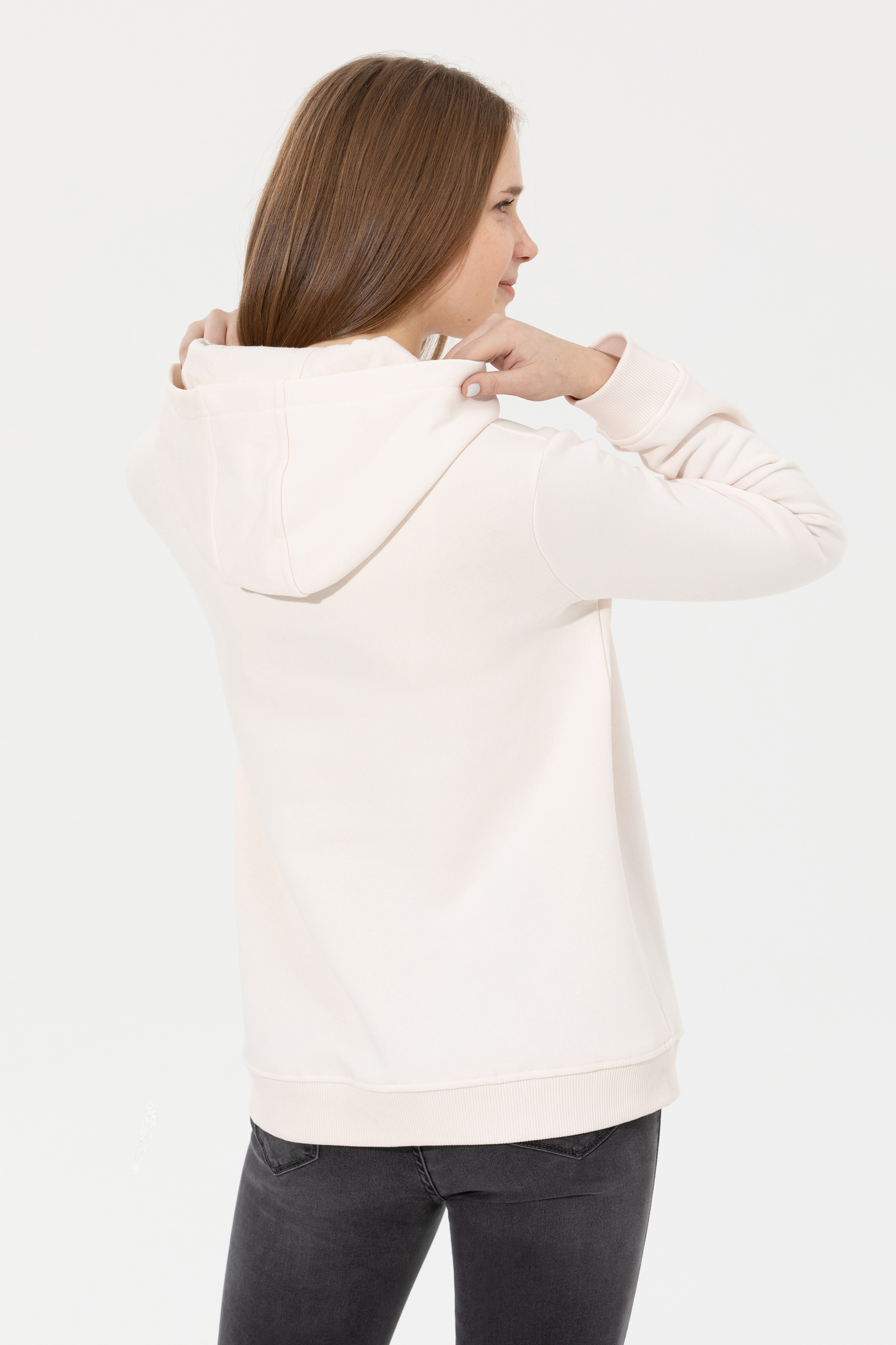 Kadın Ekru Kapüşonlu Basic Sweatshirt - Image 5