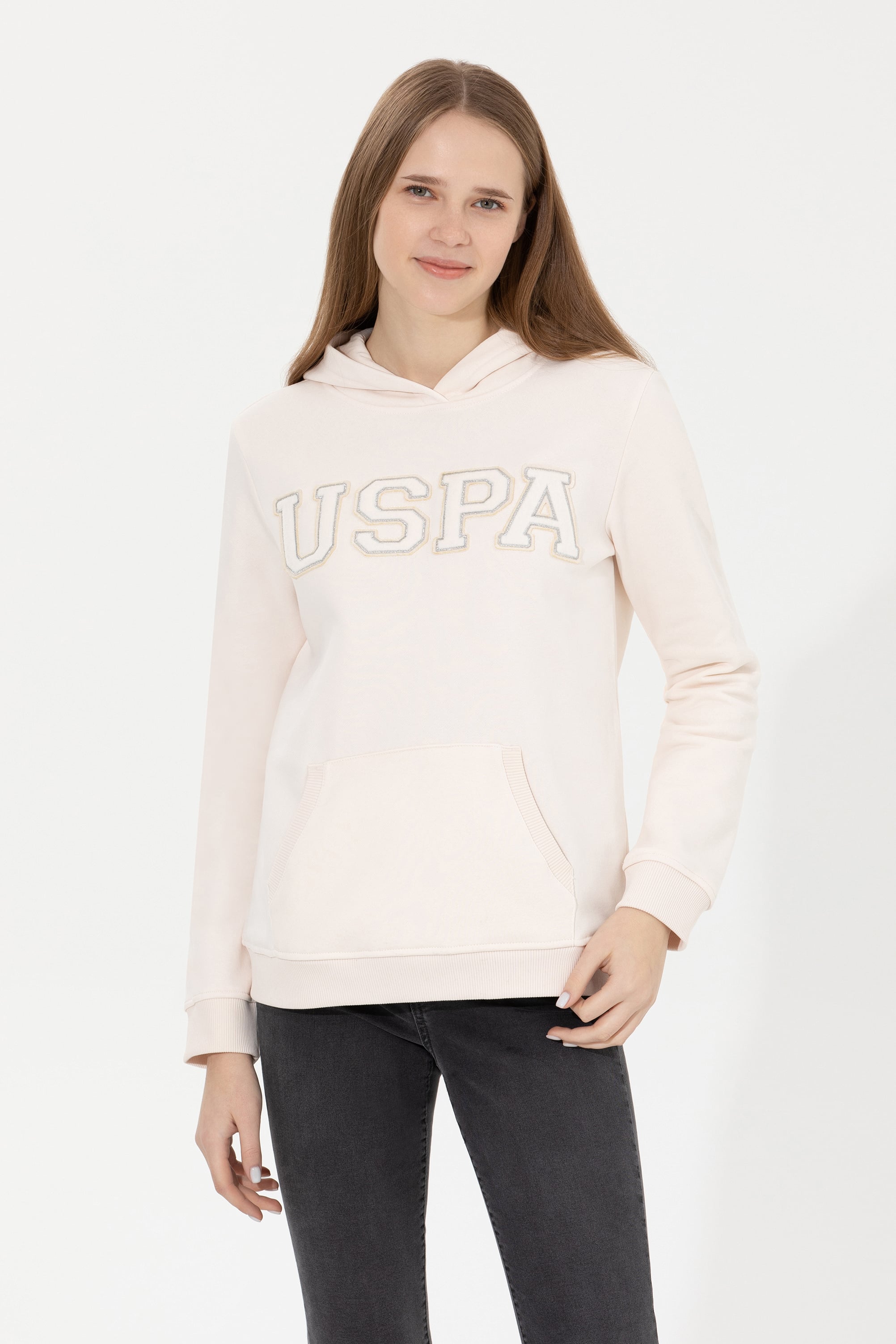 Kadın Ekru Kapüşonlu Basic Sweatshirt - Image 1