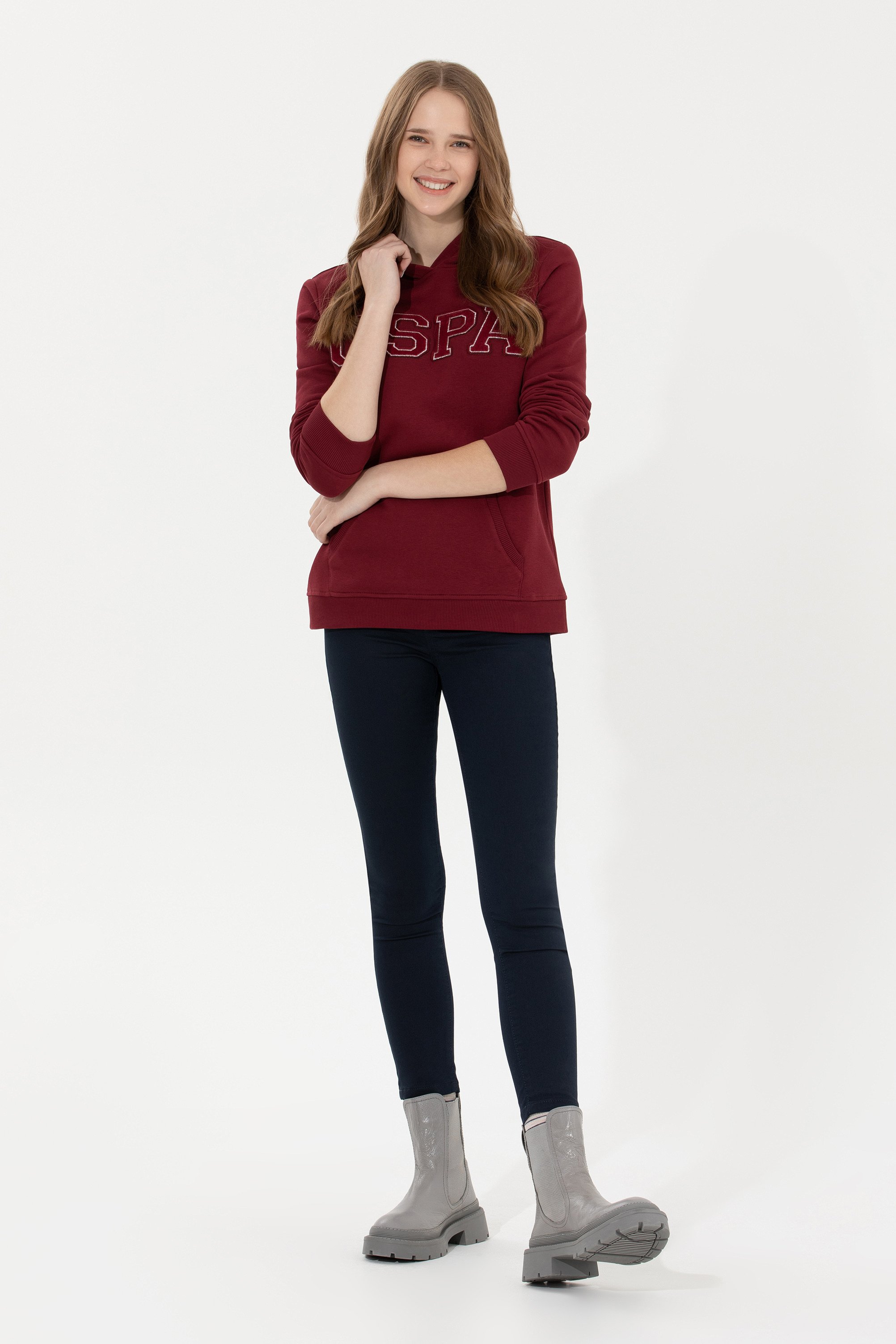 Kadın Vİşne Kapüşonlu Basic Sweatshirt - Image 4