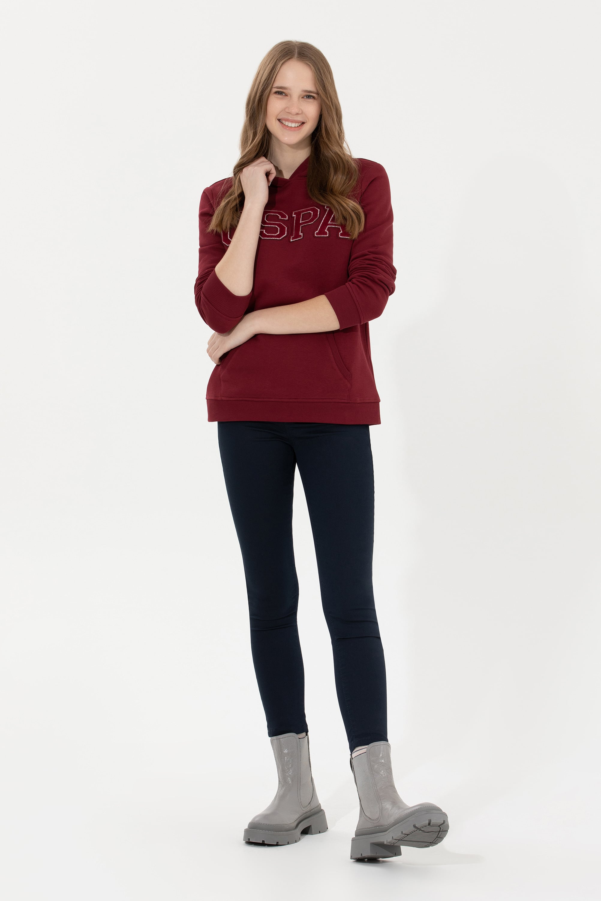 Kadın Vİşne Kapüşonlu Basic Sweatshirt