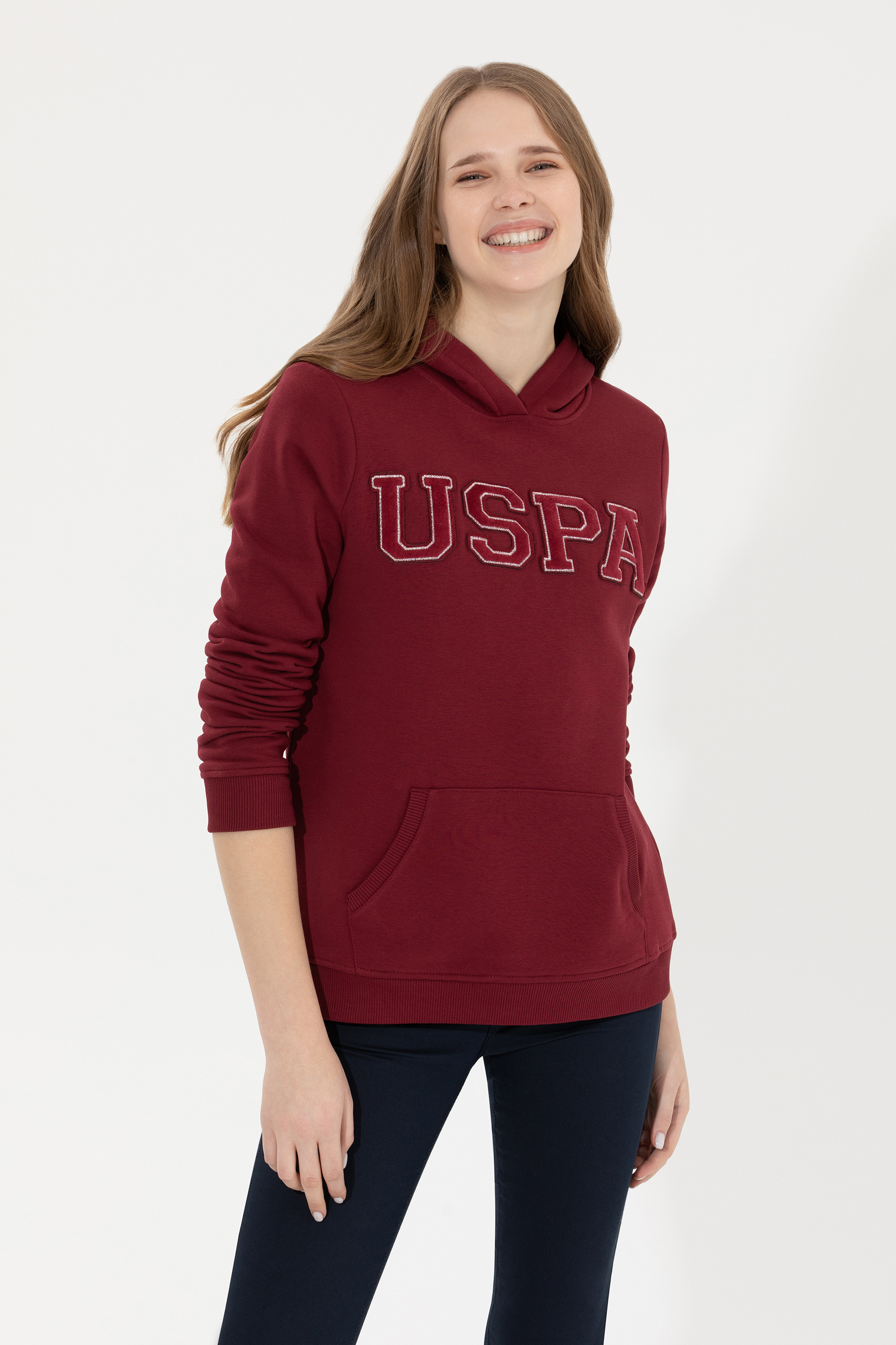 Kadın Vİşne Kapüşonlu Basic Sweatshirt - Image 3