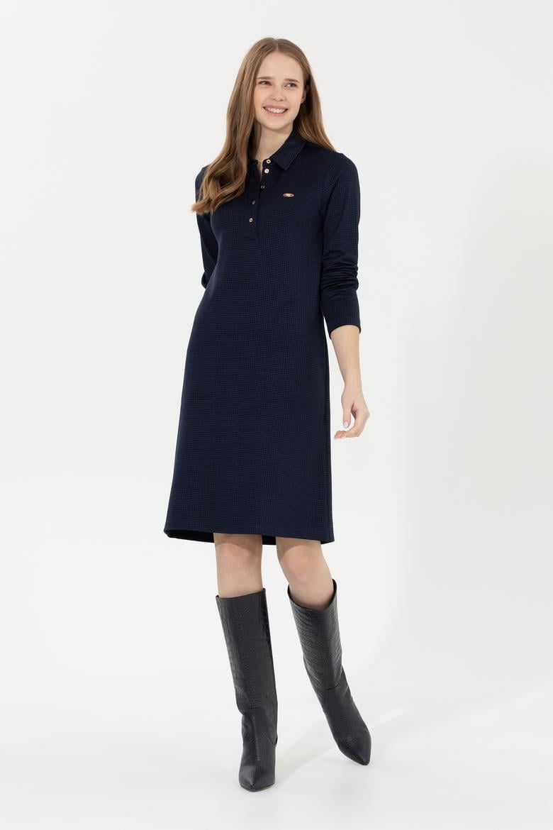 Kadın Lacivert Polo Yaka Örme Elbise - 50254418003