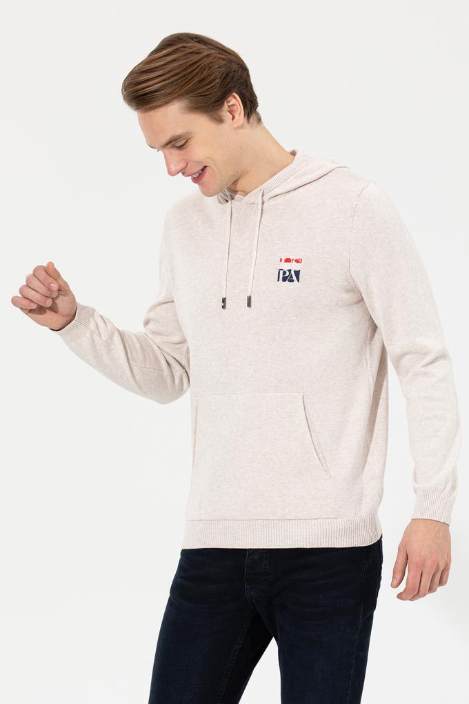 Erkek Krem Melanj Kapüşonlu Triko Kazak