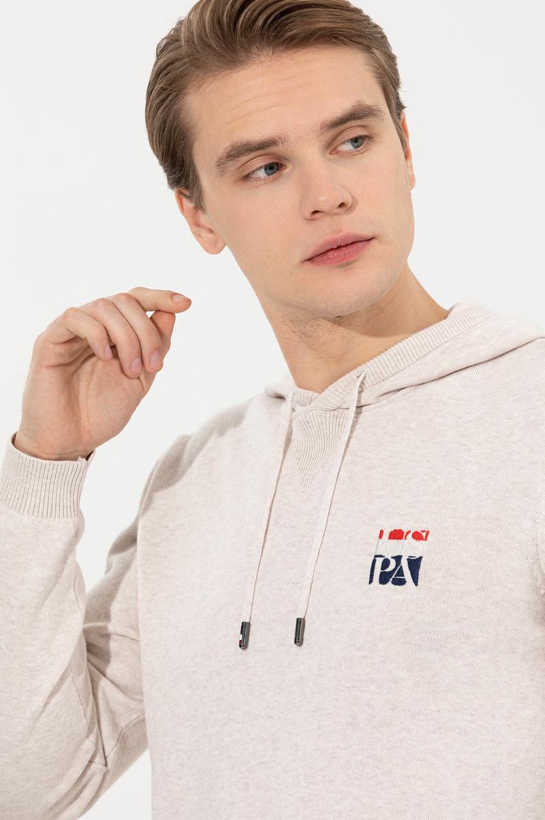 Erkek Krem Melanj Kapüşonlu Triko Kazak