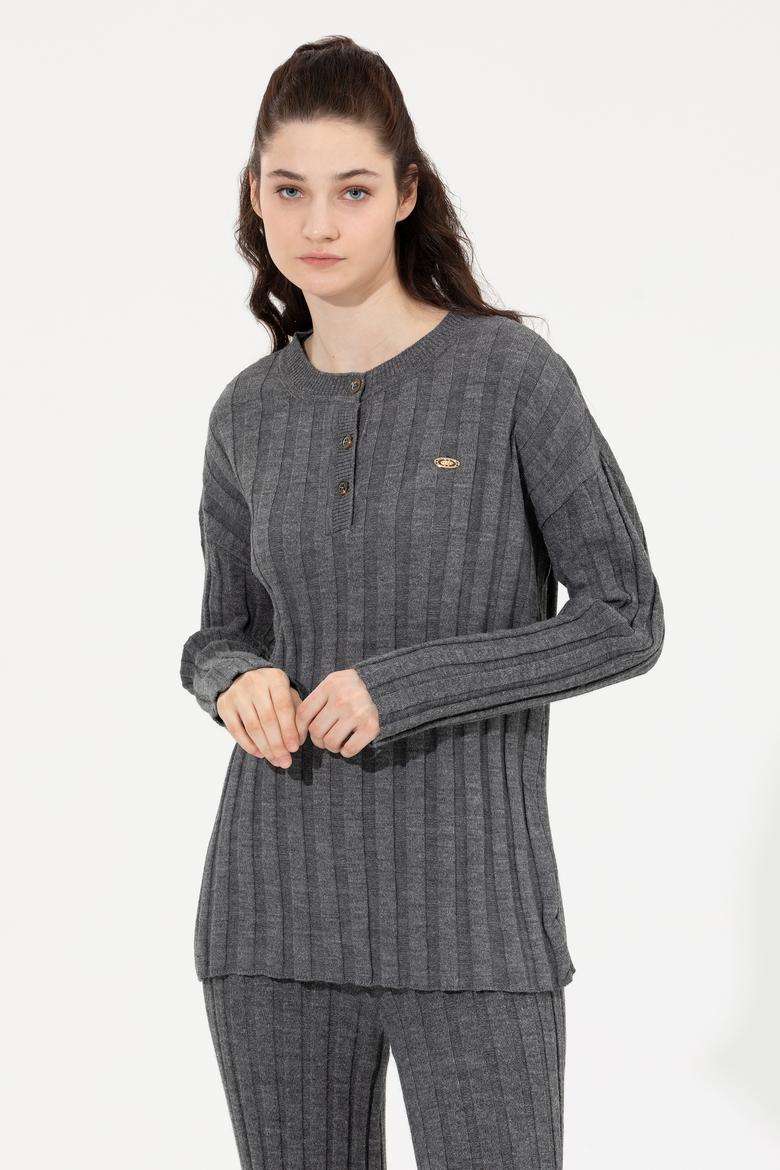 Kadın Gri Melanj Bisiklet Yaka Kazak - 50253028038