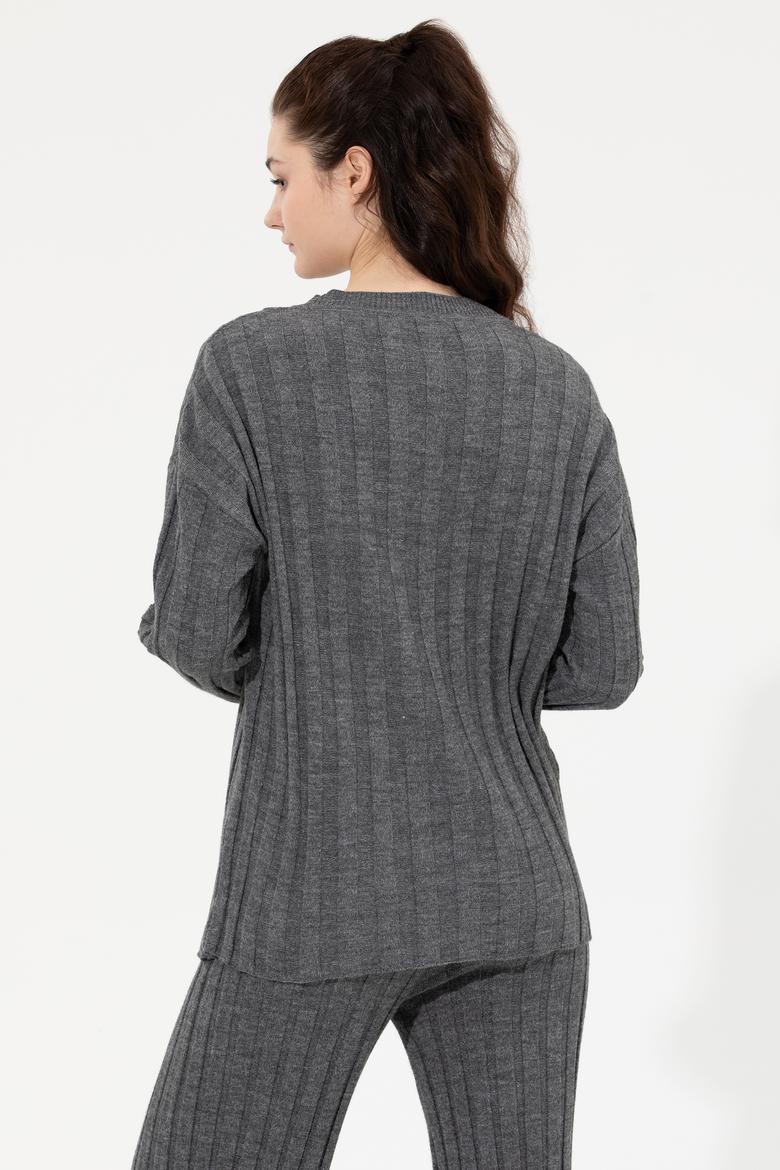 Kadın Gri Melanj Bisiklet Yaka Kazak - 50253028038