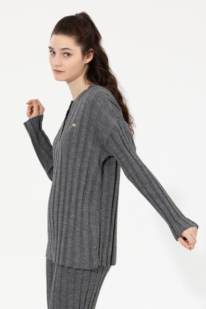 Kadın Gri Melanj Bisiklet Yaka Kazak
