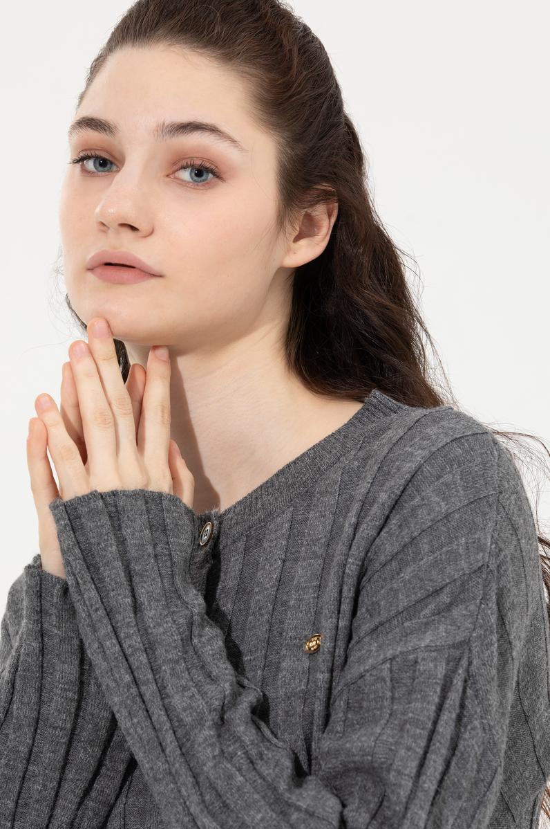 Kadın Gri Melanj Bisiklet Yaka Kazak