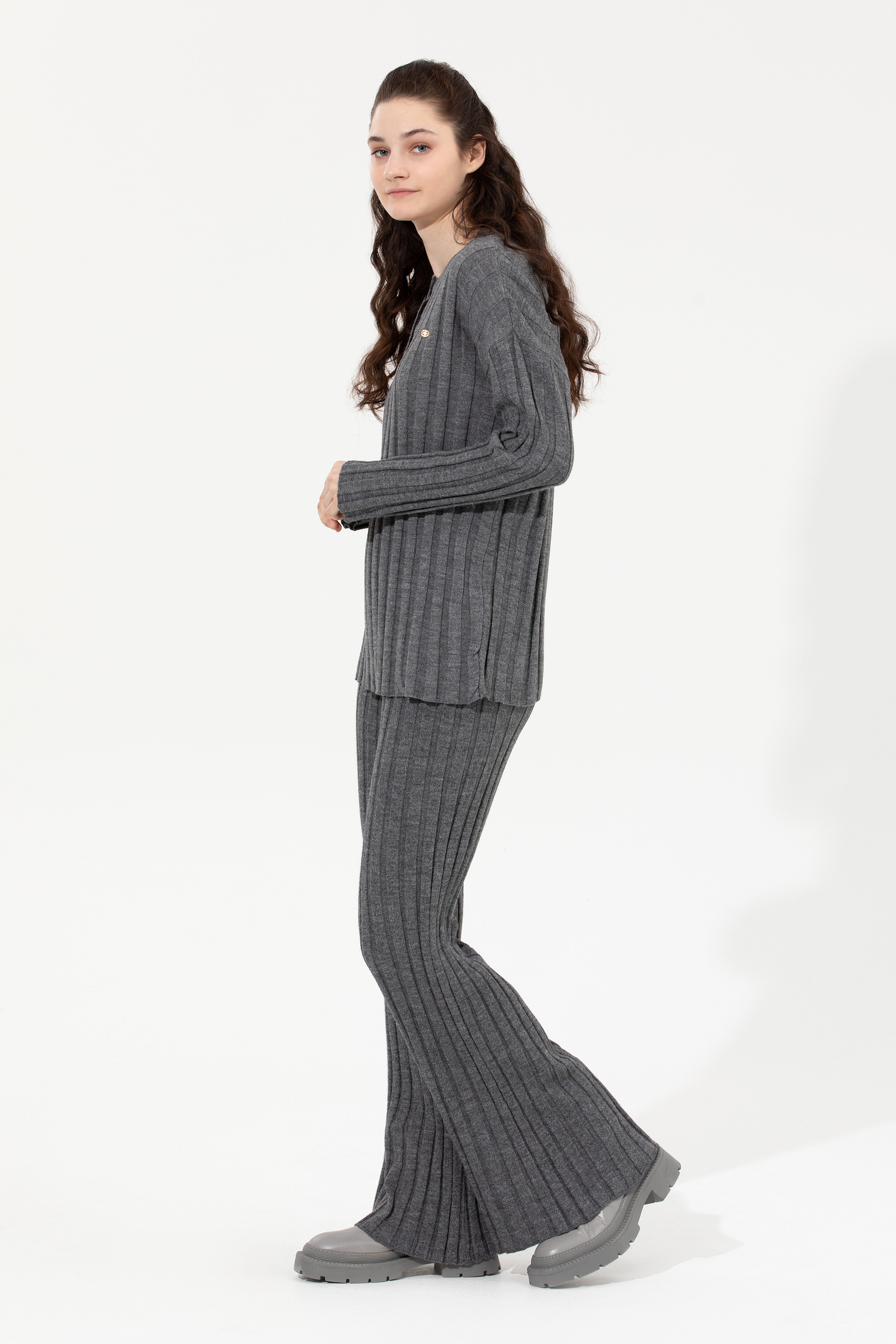 Kadın Gri Melanj Triko Pantolon - Image 3