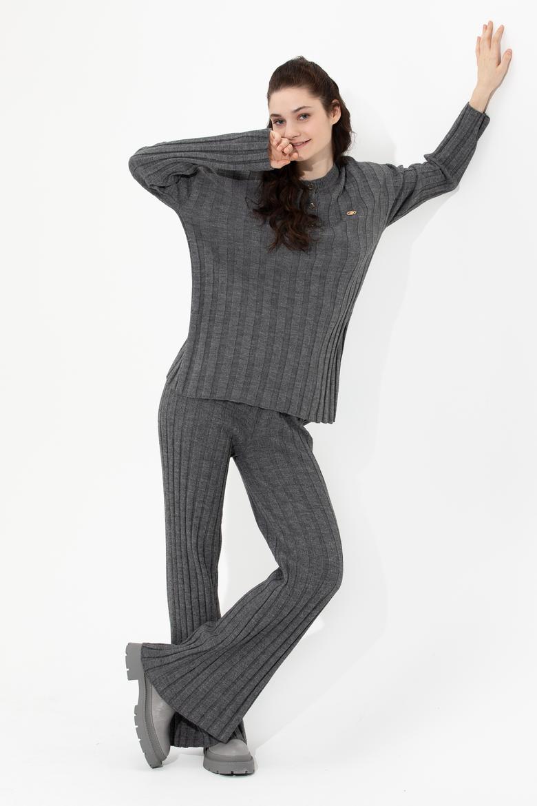 Kadın Gri Melanj Triko Pantolon