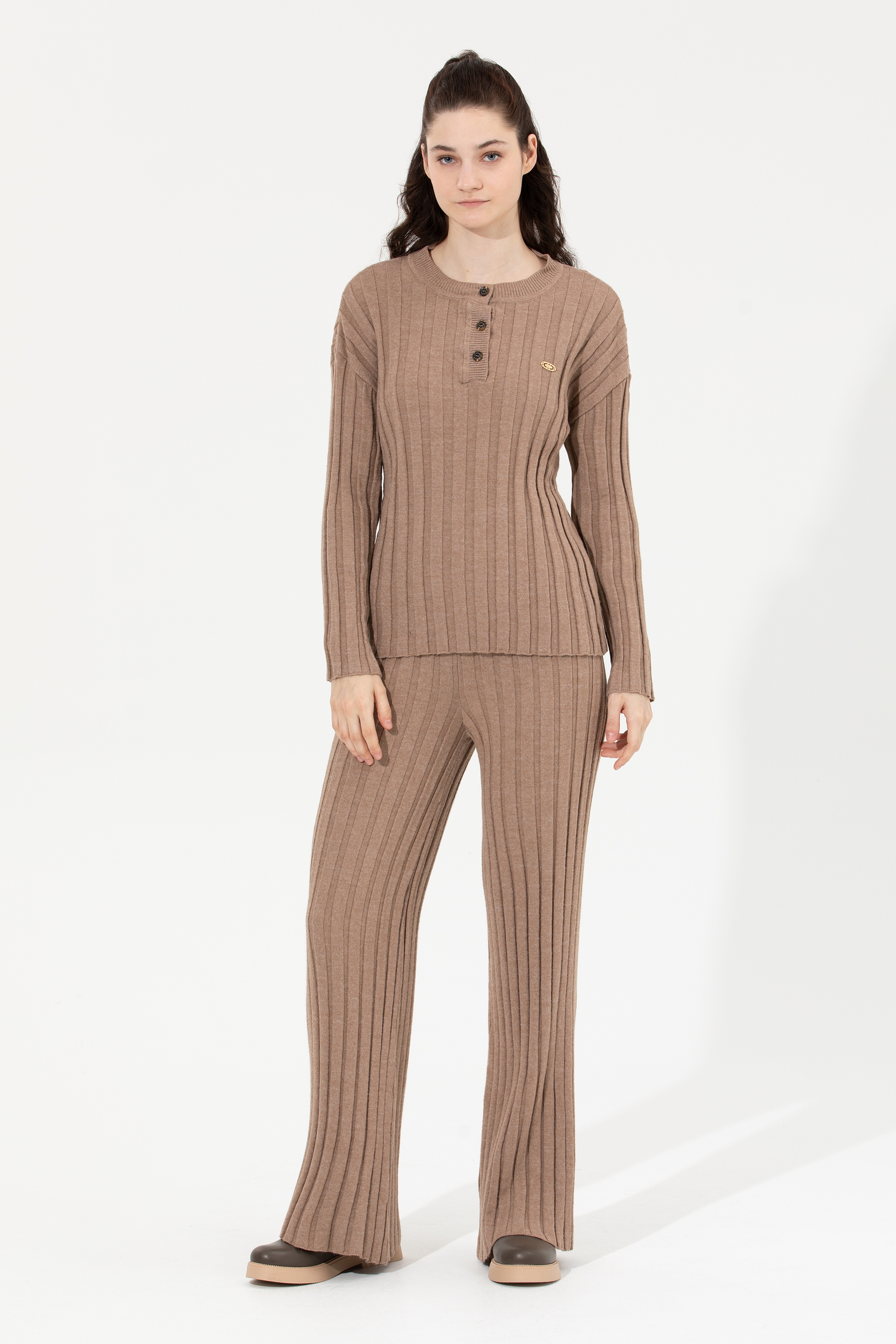 Kadın Vizon Melanj Triko Pantolon - Image 3