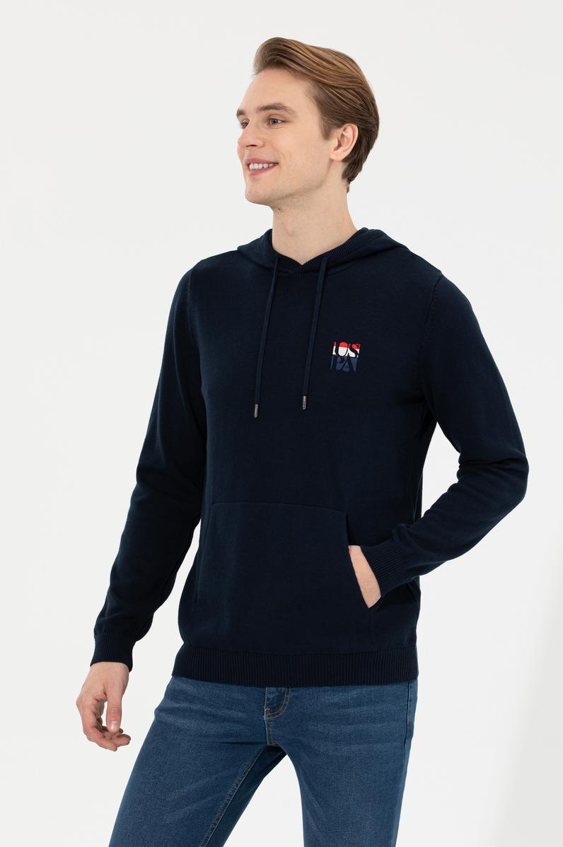 Erkek Lacivert Kapüşonlu Triko Kazak