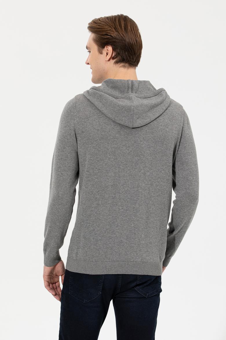 Erkek Gri Melanj Kapüşonlu Triko Kazak - 50253781026