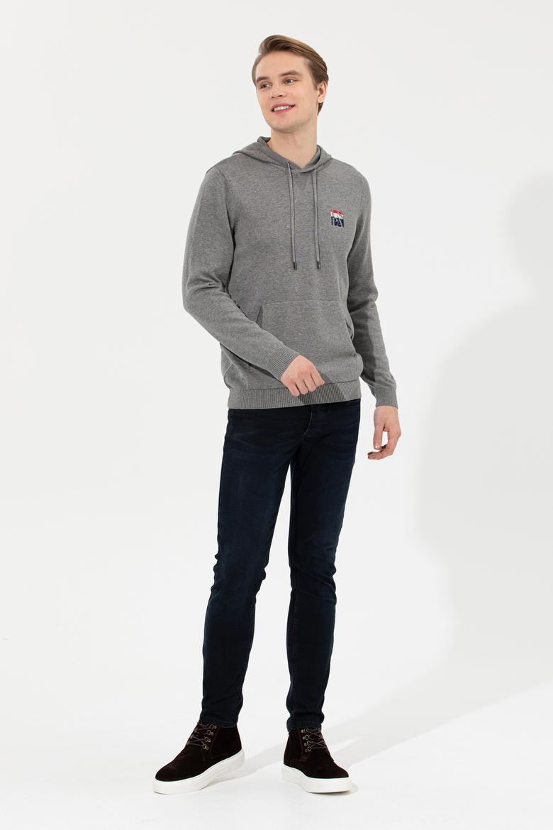 Erkek Gri Melanj Kapüşonlu Triko Kazak - 50253781026