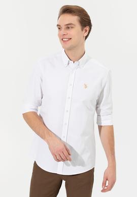 Erkek Camel Çizgili Beyaz Gömlek - 50273941005