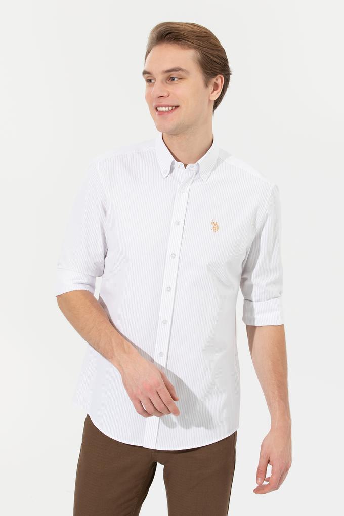 Erkek Camel Çizgili Beyaz Gömlek