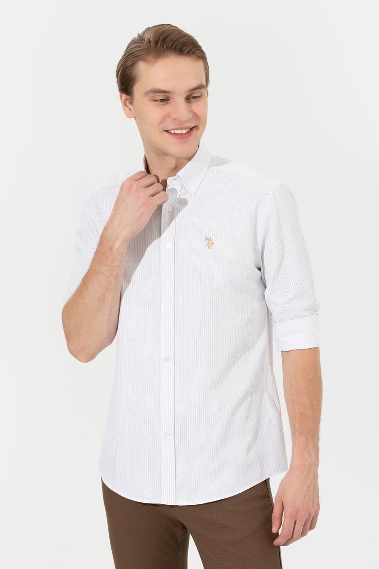 Erkek Camel Çizgili Beyaz Gömlek - 50273941005