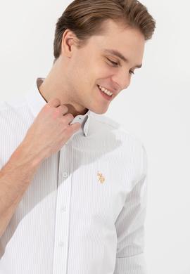 Erkek Camel Çizgili Beyaz Gömlek - 50273941005