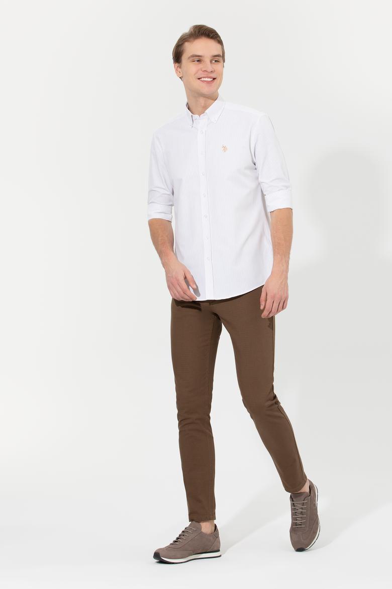 Erkek Camel Çizgili Beyaz Gömlek - 50273941005