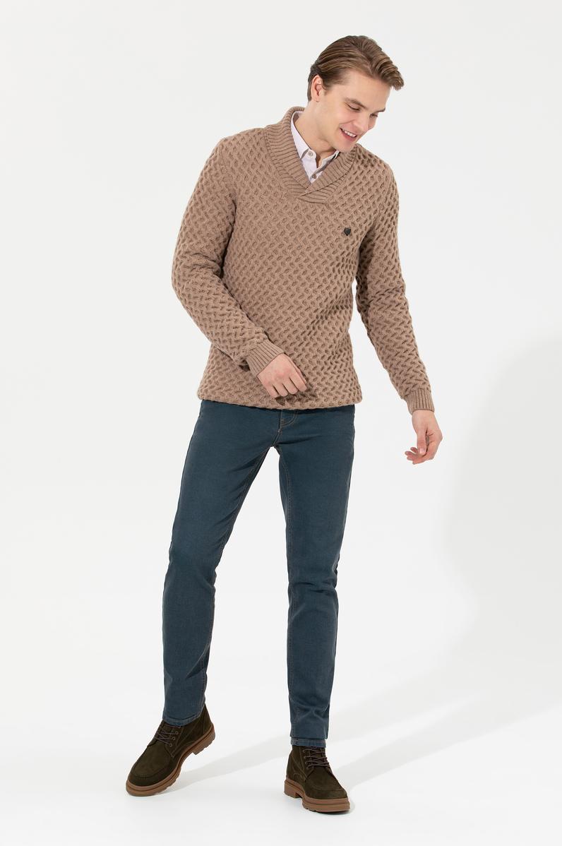 Erkek Camel Melanj Şal Yaka Triko Kazak