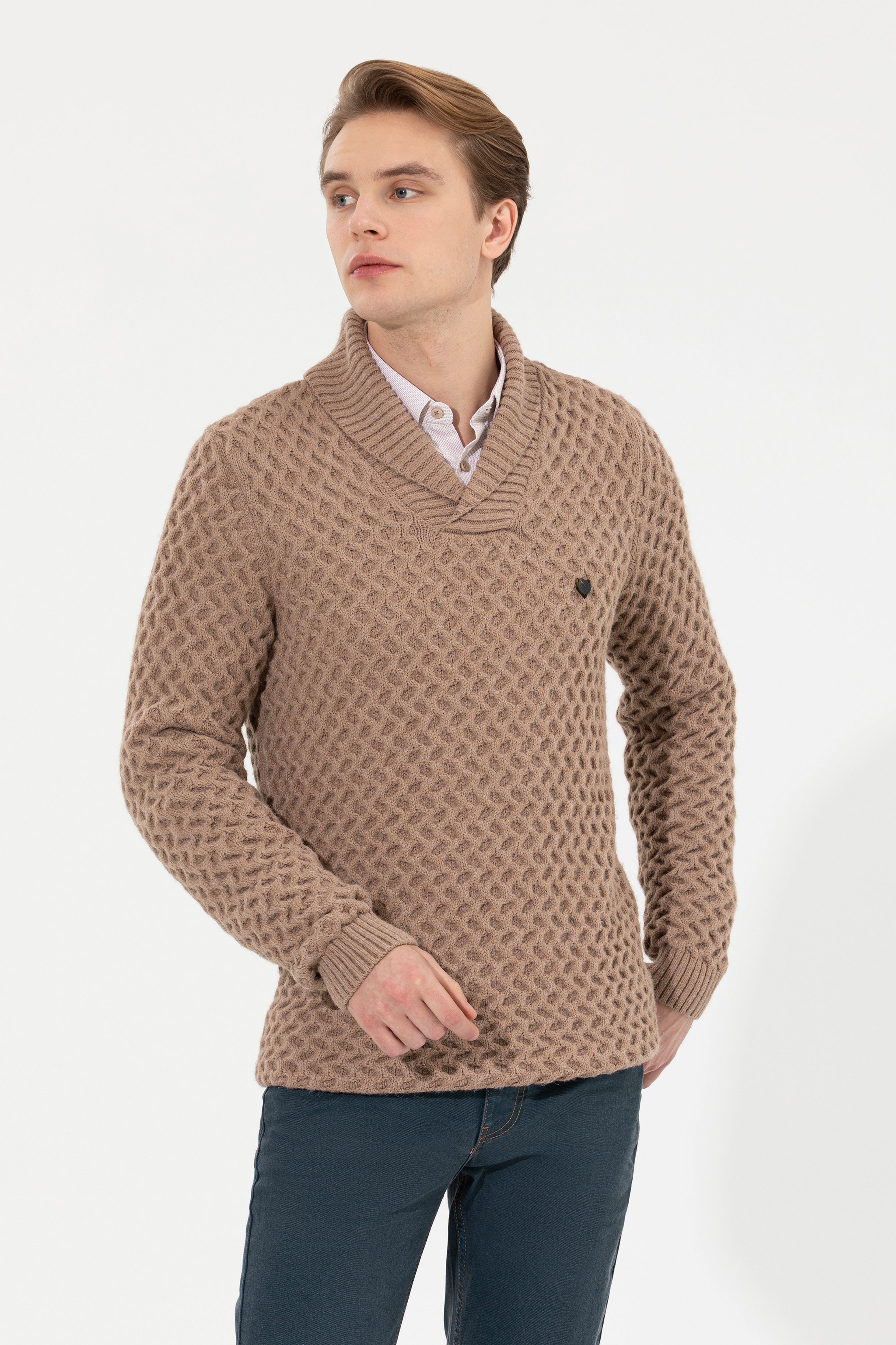 Erkek Camel Melanj Şal Yaka Triko Kazak - Image 3