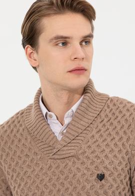 Erkek Camel Melanj Şal Yaka Triko Kazak - 50256664011