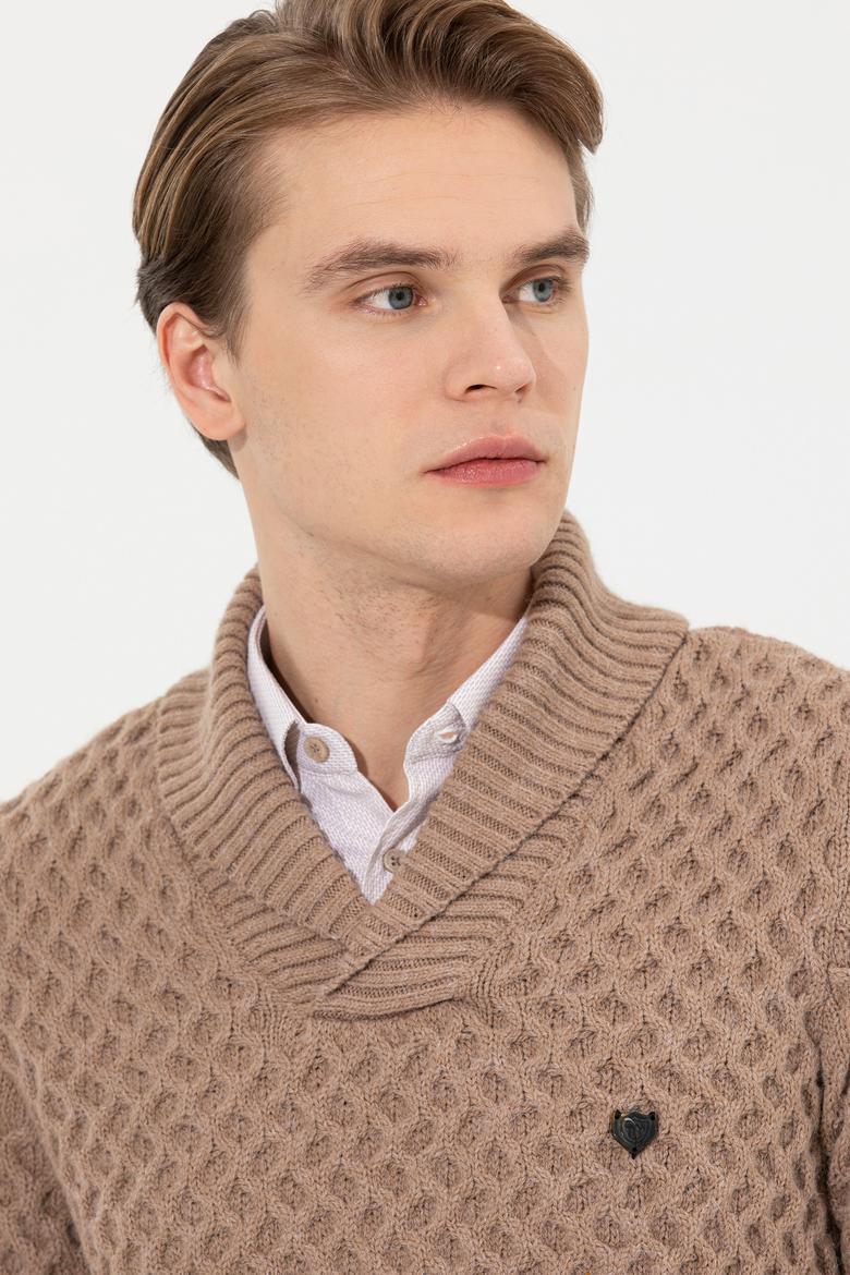 Erkek Camel Melanj Şal Yaka Triko Kazak - 50256664011
