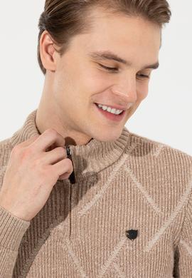 Erkek Camel Melanj Dik Yaka Triko Kazak - 50253084007