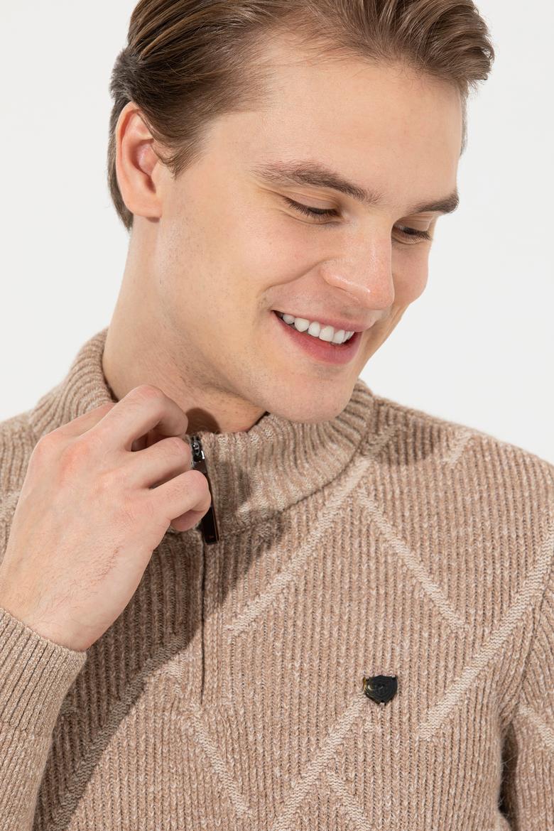 Erkek Camel Melanj Dik Yaka Triko Kazak