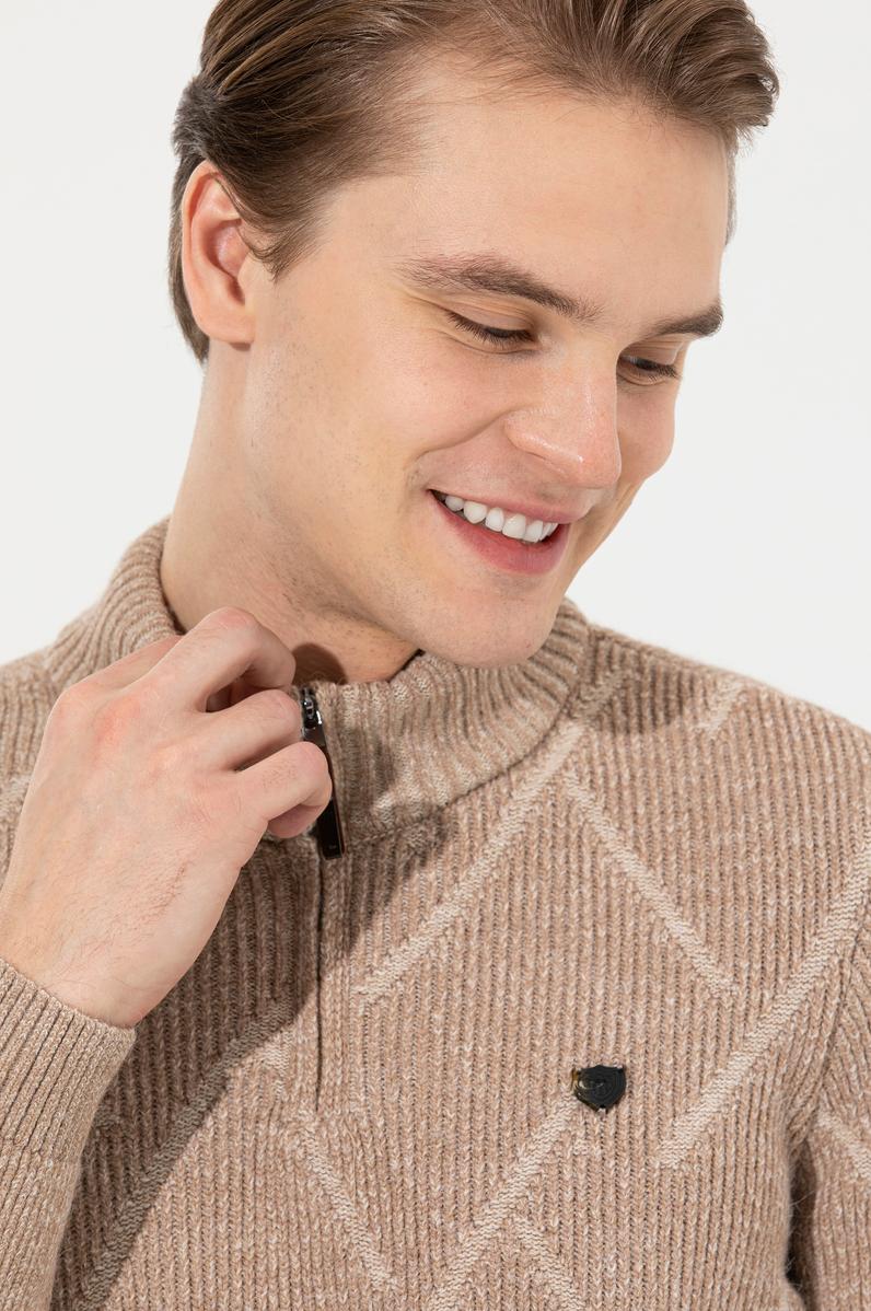 Erkek Camel Melanj Dik Yaka Triko Kazak