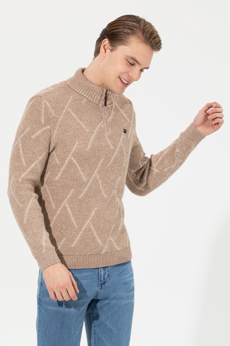 Erkek Camel Melanj Dik Yaka Triko Kazak - 50253084007