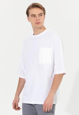 Erkek Beyaz Oversize Bisiklet Yaka Tişört - 50246385007