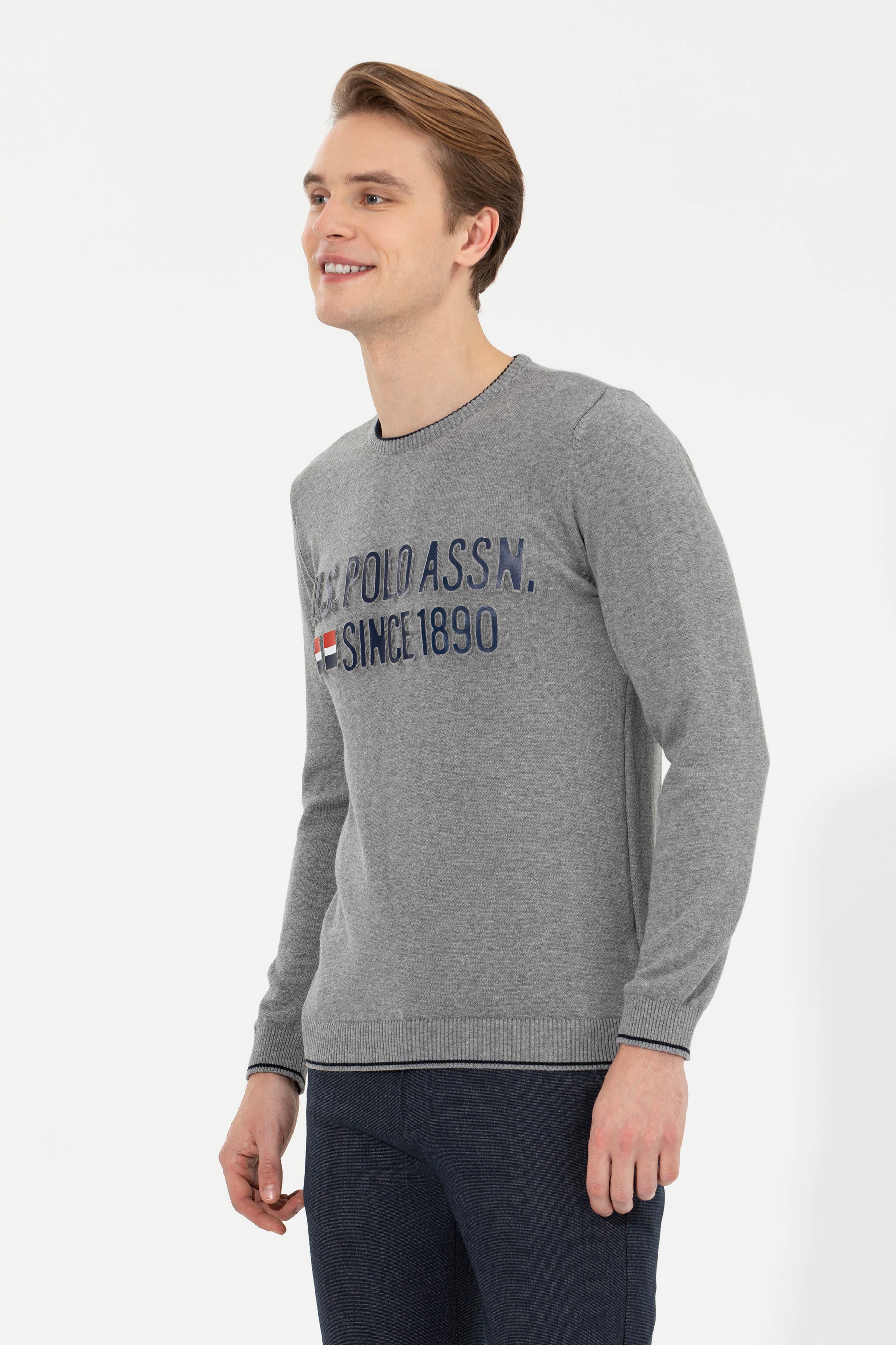 Erkek Gri Melanj Bisiklet Yaka Triko Kazak - Image 3