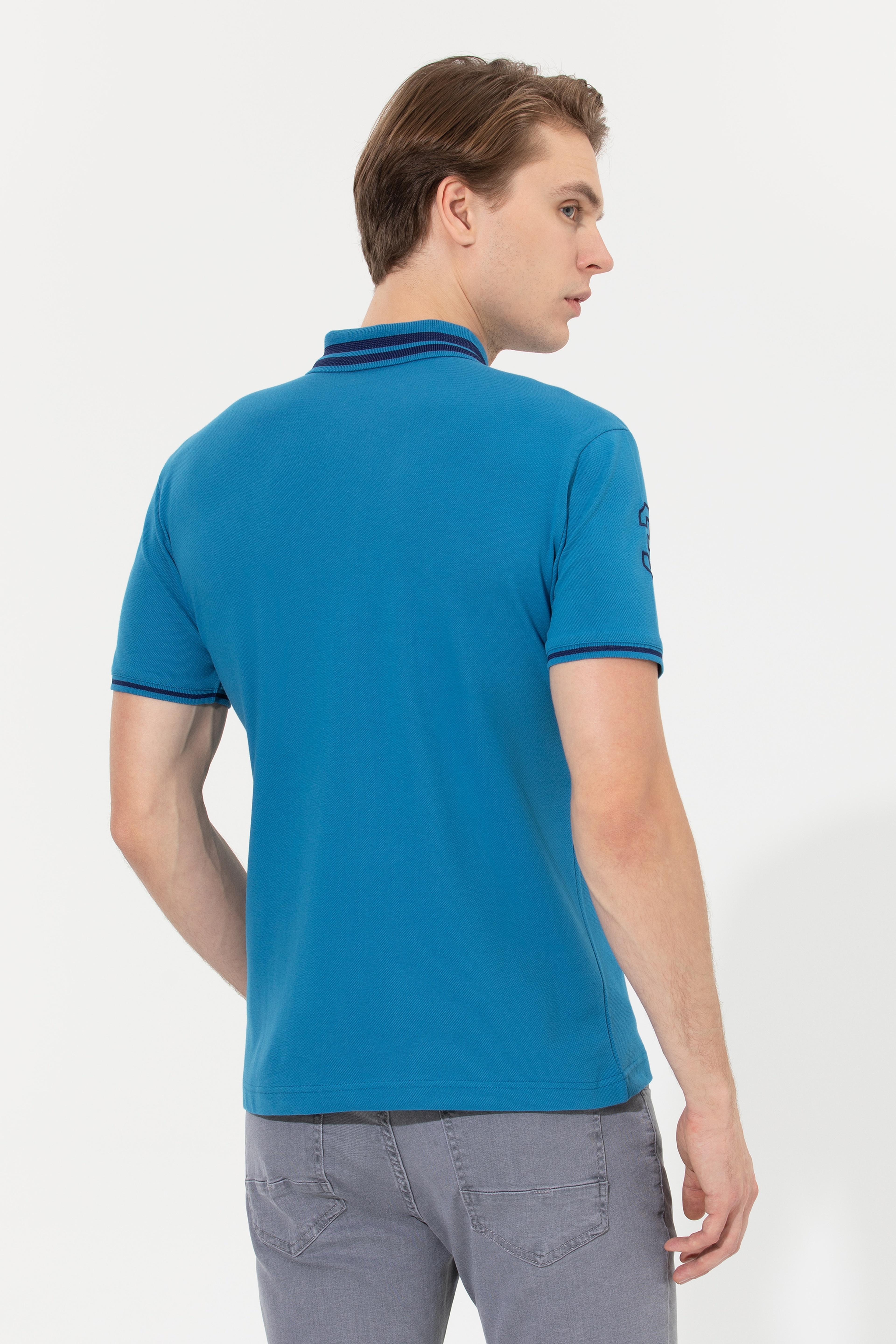 Erkek Petrol Basic Polo Yaka Tişört - Image 5