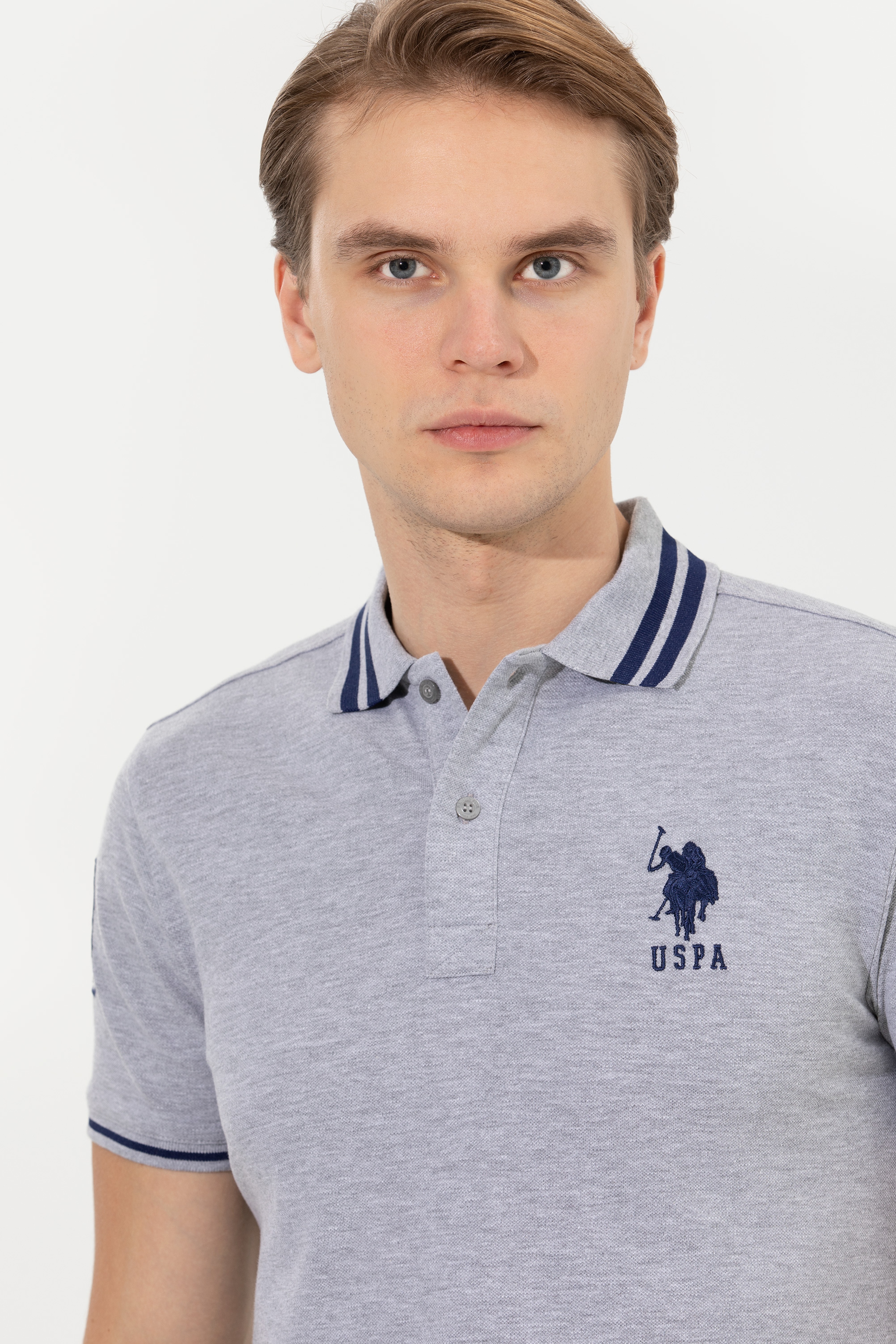 Erkek Gri Melanj Basic Polo Yaka Tişört - Image 2