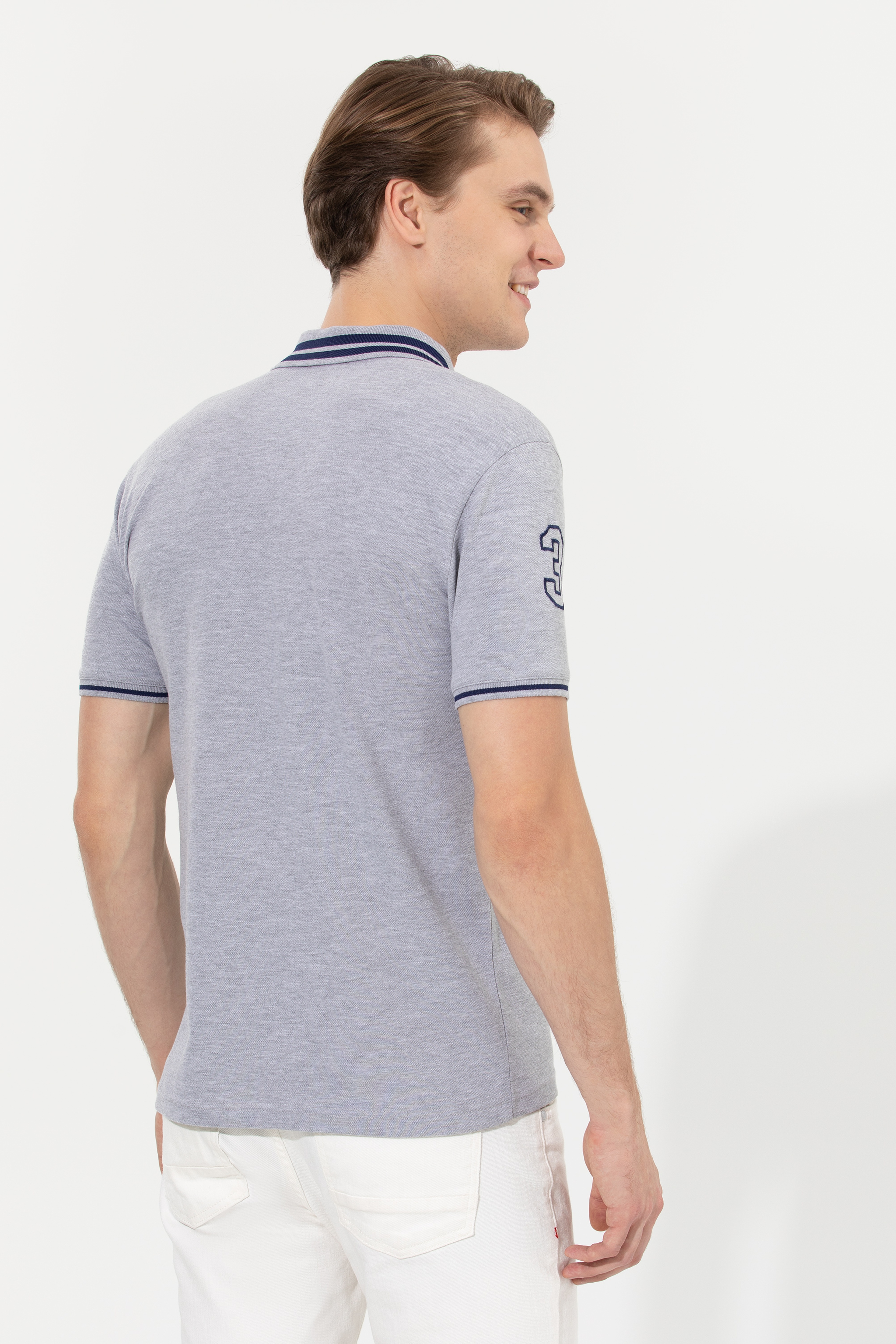 Erkek Gri Melanj Basic Polo Yaka Tişört - Image 5