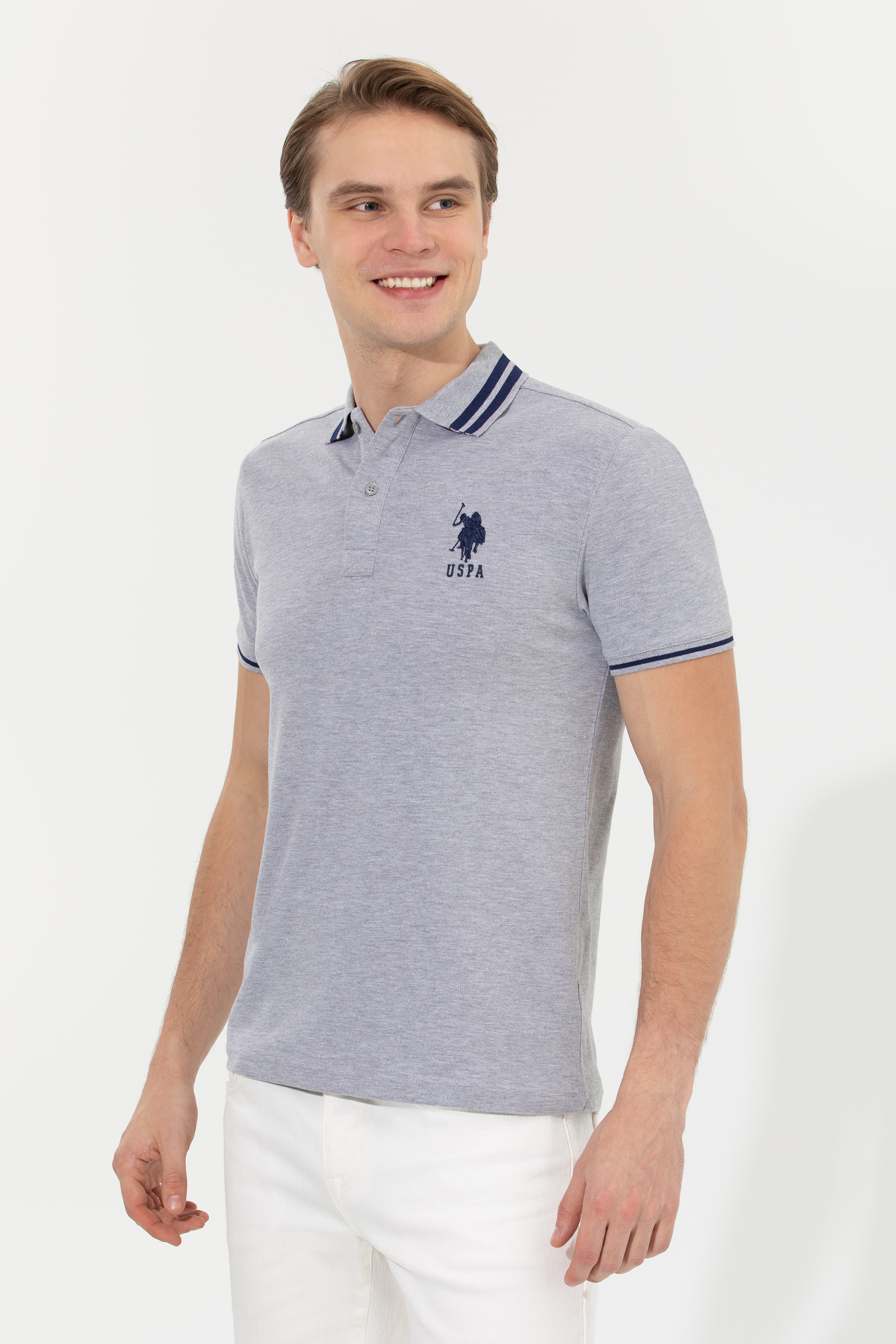 Erkek Gri Melanj Basic Polo Yaka Tişört - Image 1