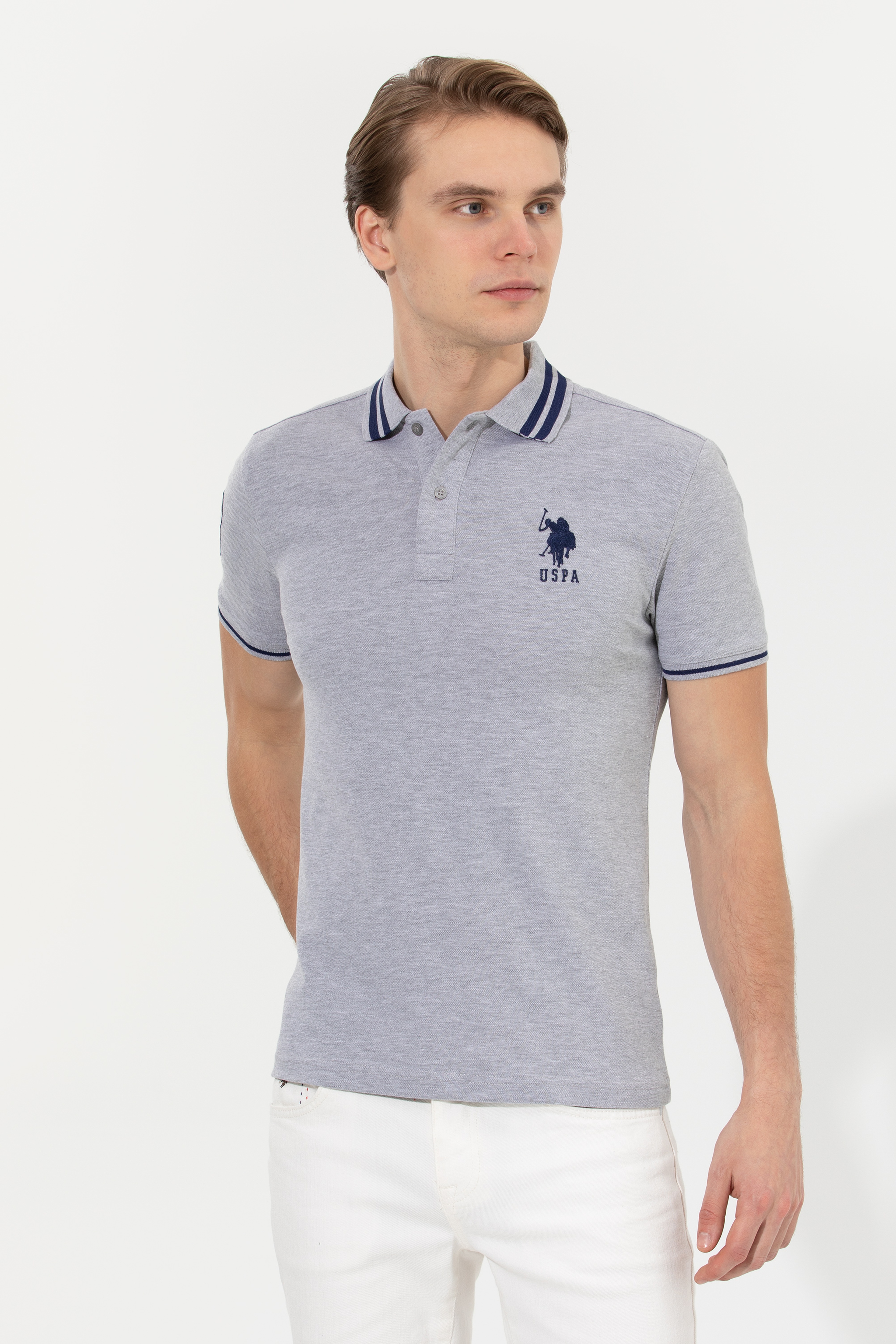 Erkek Gri Melanj Basic Polo Yaka Tişört
