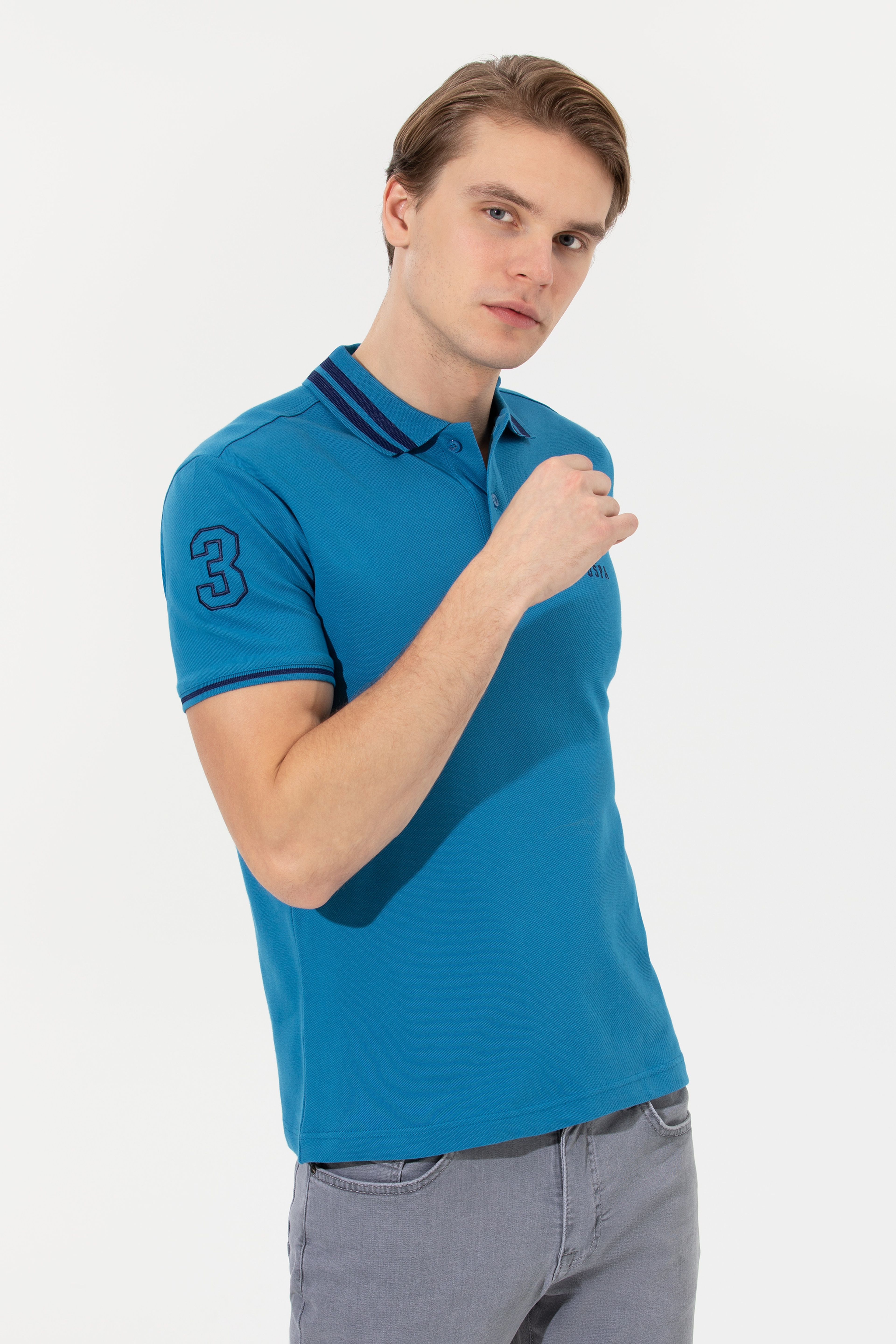 Erkek Petrol Basic Polo Yaka Tişört - Image 1