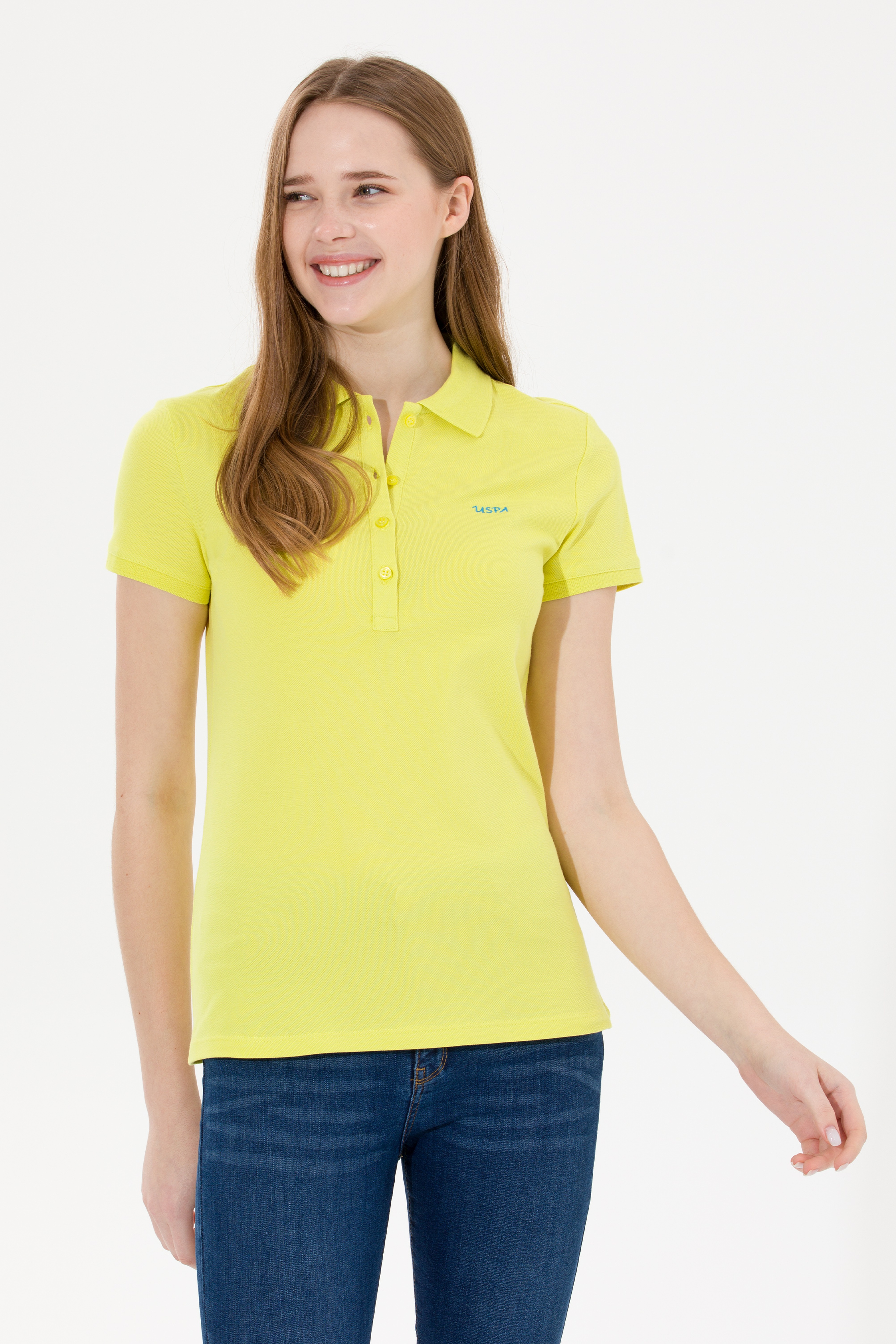 Kadın Neon Sarı Basic Polo Yaka Tişört - Image 3