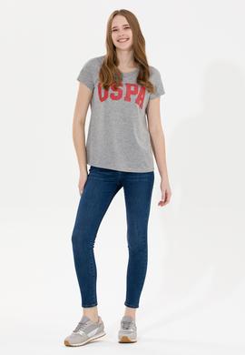 Kadın Gri Melanj Bisiklet Yaka Tişört - 50269557040