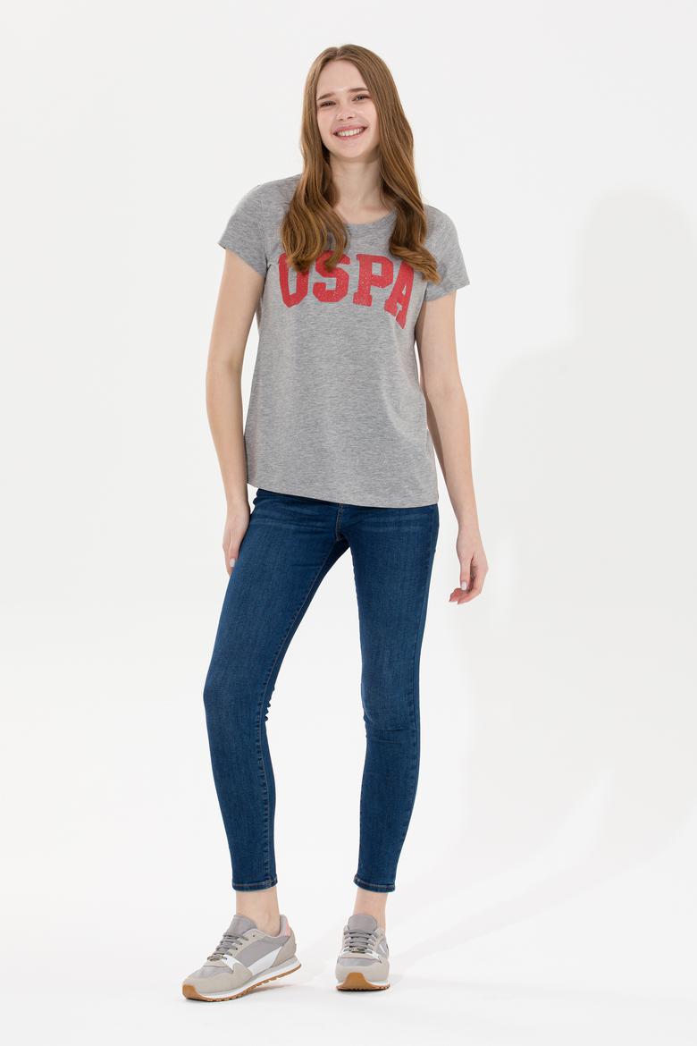 Kadın Gri Melanj Bisiklet Yaka Tişört - 50269557040