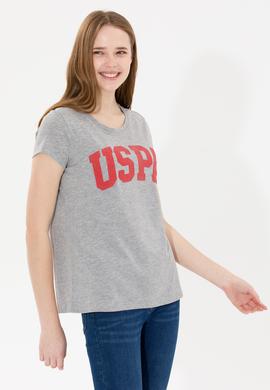 Kadın Gri Melanj Bisiklet Yaka Tişört - 50269557040