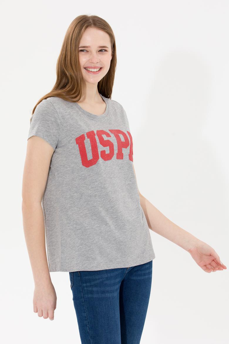 Kadın Gri Melanj Bisiklet Yaka Tişört - 50269557040