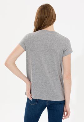 Kadın Gri Melanj Bisiklet Yaka Tişört - 50269557040