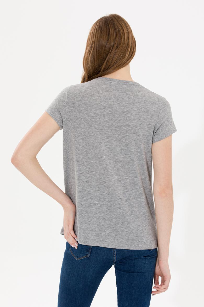 Kadın Gri Melanj Bisiklet Yaka Tişört - 50269557040