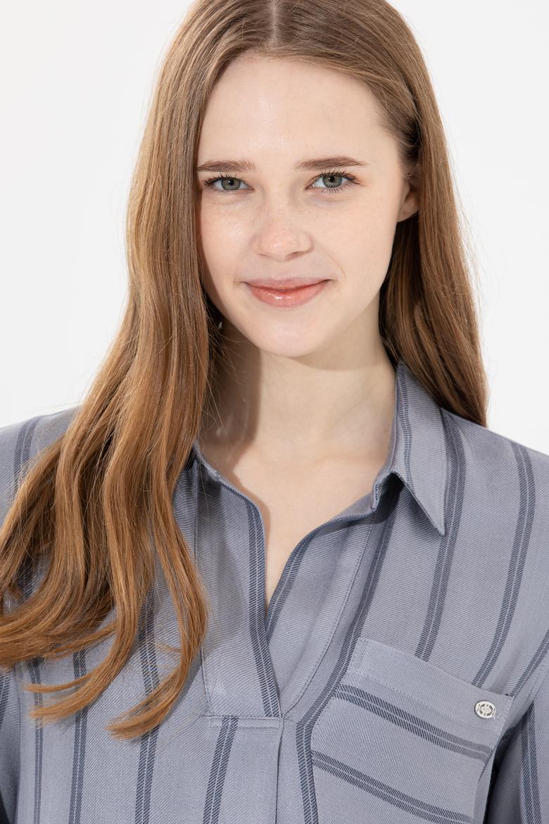 Kadın Gri Melanj Uzun Kollu Gömlek - 50253459010