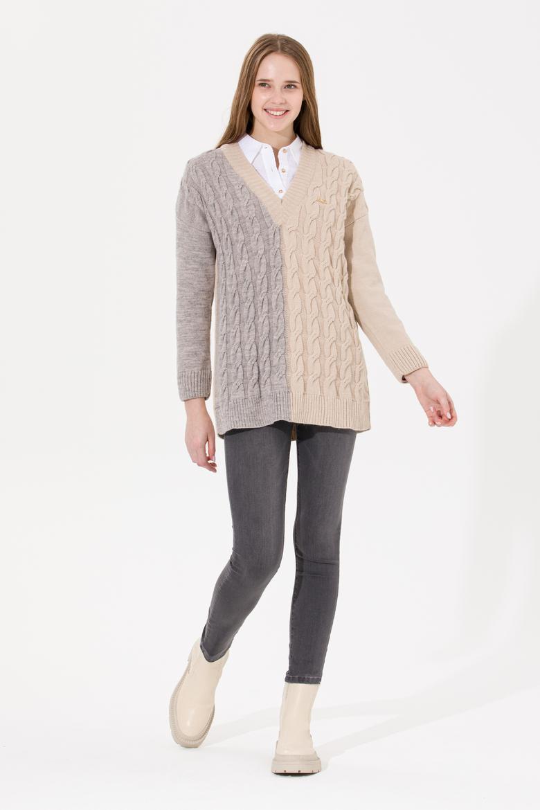 Kadın Vizon Melanj V Yaka Kazak - 50256610013