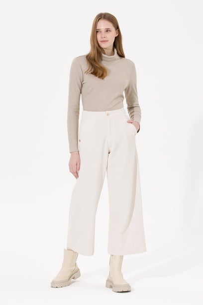 Kadın Krem Flare Cropped Fit Pantolon
