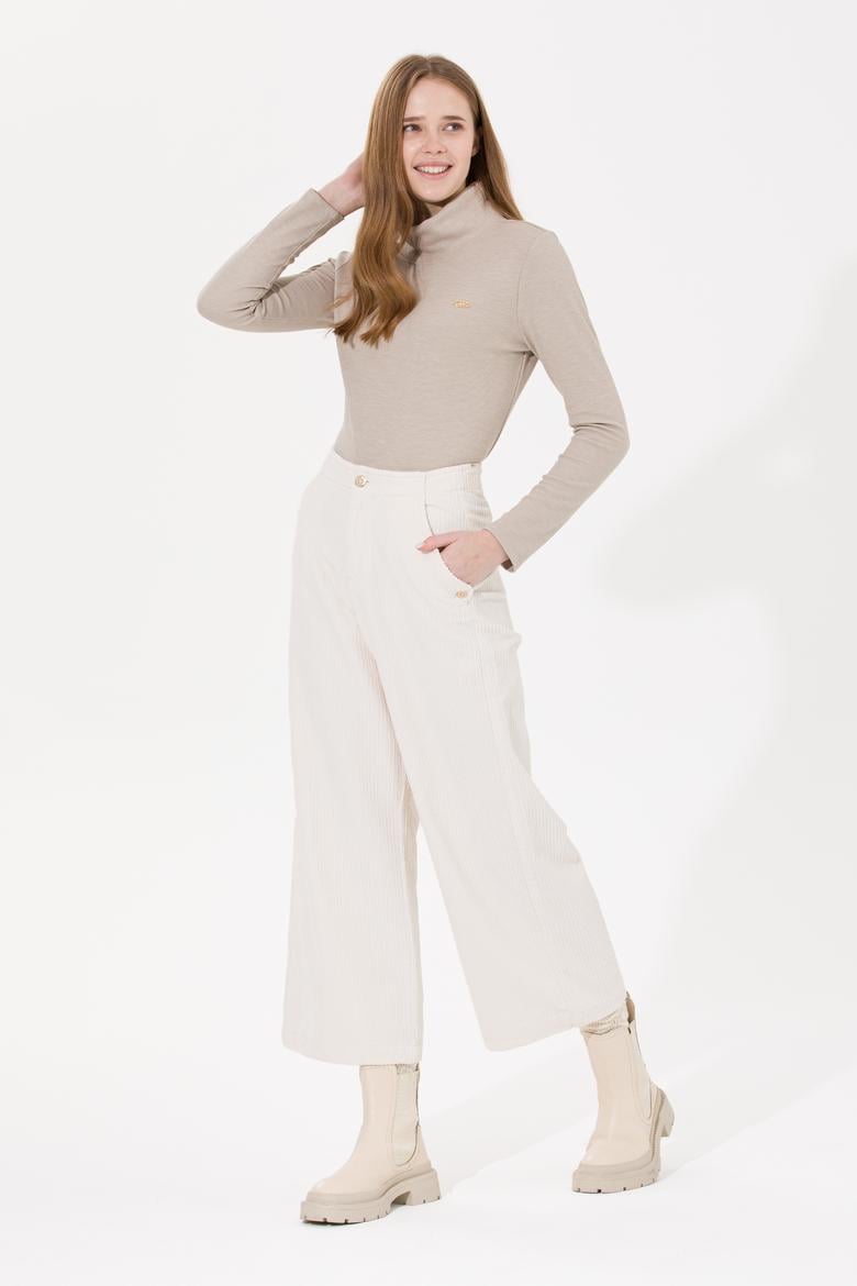 Kadın Krem Flare Cropped Fit Pantolon